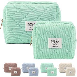 MAANGE Women Cosmetic Purse Corduroy Makeup Pouch Cute Makeup Bag Green 2Pcs